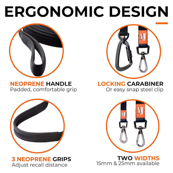 Canny Recall Lead ergonomic design features shown: padded grip, locking carabiner, recall grips and two lead widths.