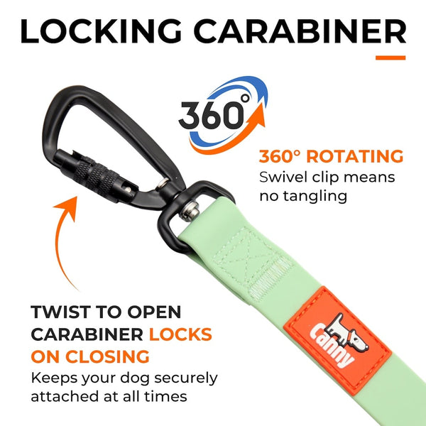 Green waterproof, non smelly lead with locking 360° swivel carabiner, twist-to-lock feature and waterproof coating.