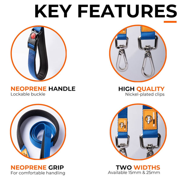 Key features of the Canny Lead Connect. Neoprene handle with lockable buckle. High quality nickel plated clips. Neoprene grip for comfortable handling. Two widths available - 15mm & 25mm.