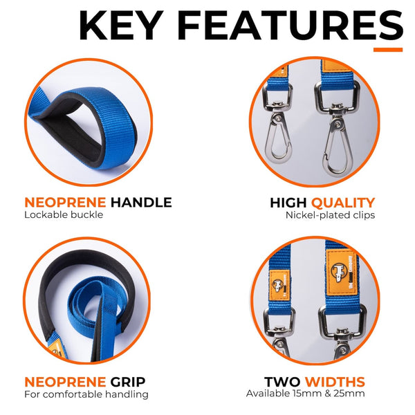 Key features of the Canny Lead with neoprene handle. High quality nickel plated clips. Neoprene grip for comfortable handling. Two widths available - 15mm & 25mm.