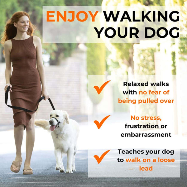 Woman walking dog on a Canny Collar showing benefits