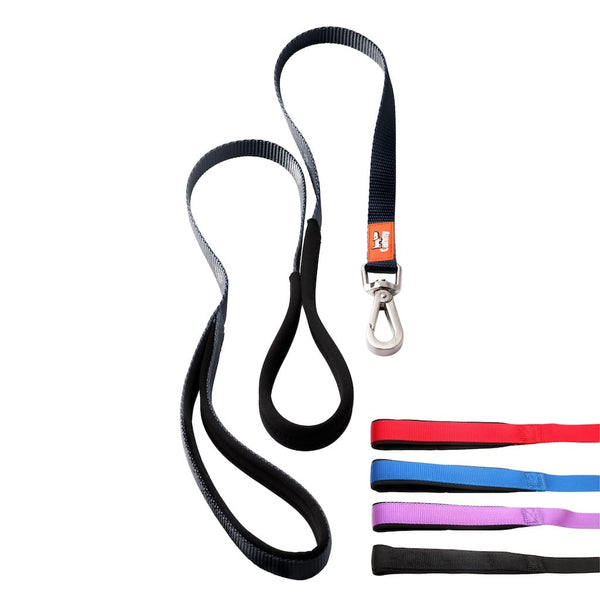 Black 15mm wide Canny anti-pull lead for small dogs & puppies, padded neoprene handle and grip, steel clip, and swatches with four colours.