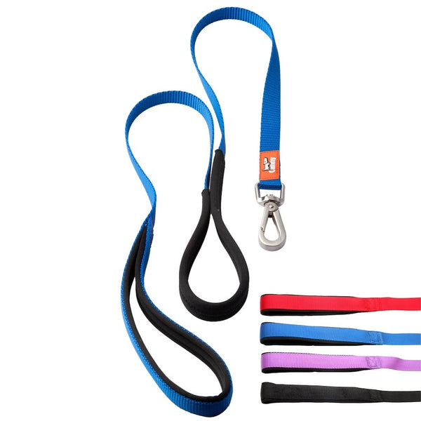 Blue 15mm wide Canny anti-pull lead for small dogs & puppies, soft padded grip and handle, steel clip, and swatch bar with four available colours.