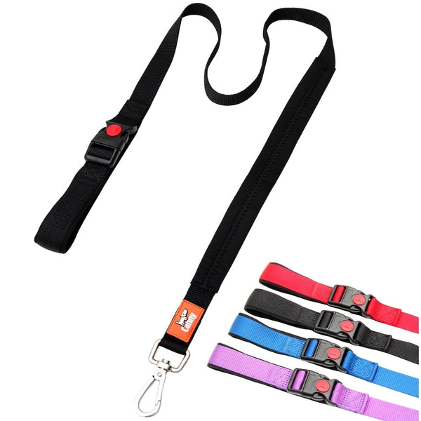 Black 25mm wide Canny Connect anti escape lead for medium to large dogs, padded neoprene handle and grip, steel clip and swatches with four colour options.