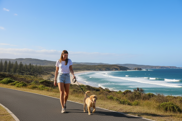 A puppy walking on a lead by his owner's side by the sea.