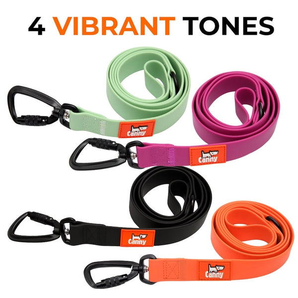 Four waterproof, non smelly leads coiled in black, orange, green and purple; vibrant colour range displayed together.