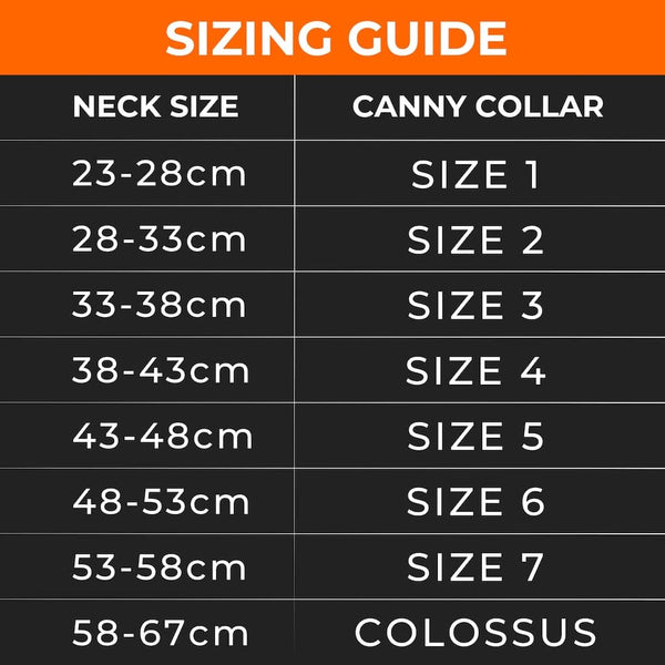 Canny Collar sizing chart showing neck size in centimeters and corresponding collar sizes from size 1 to Colossus.