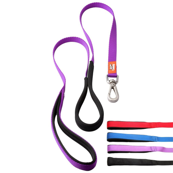 Purple 15mm wide Canny anti-pull lead for small dogs & puppies, padded black grip and secure steel clip, shown with colour options: red, blue, purple, black.
