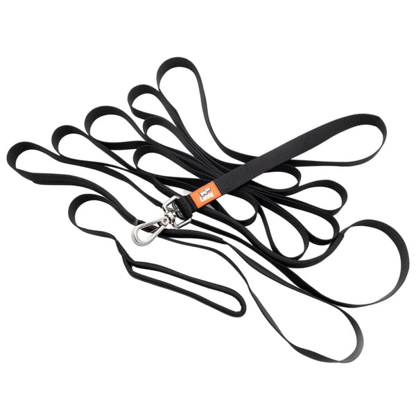 Black 7m long dog training recall lead for medium-large dogs with padded handle, grab points and brushed-steel clip.