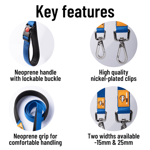 Key features of the Canny Leash Connect. Neoprene handle with lockable buckle. High quality nickel plated clips. Neoprene grip for comfortable handling. Two widths available - 15mm & 25mm.